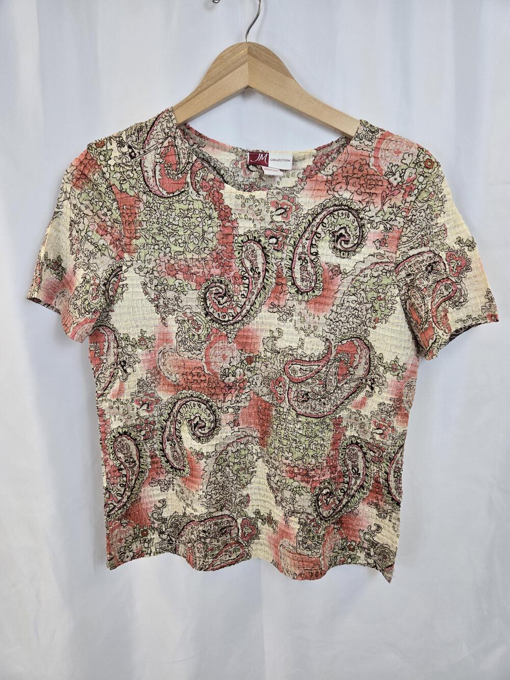 JM Collection Shirt Womens Medium Multicolor Paisley Short Sleeve Knit Top